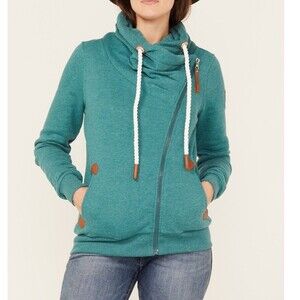 Wanakome Women’s Size M Teal Cowl Neck Sweatshirt Zip Front Missing Drawstring